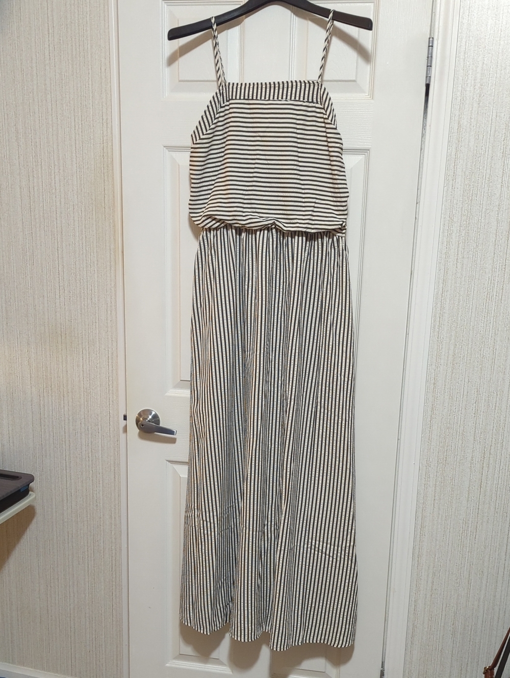 Striped Black and Cream Maxi Dress with Spaghetti Straps